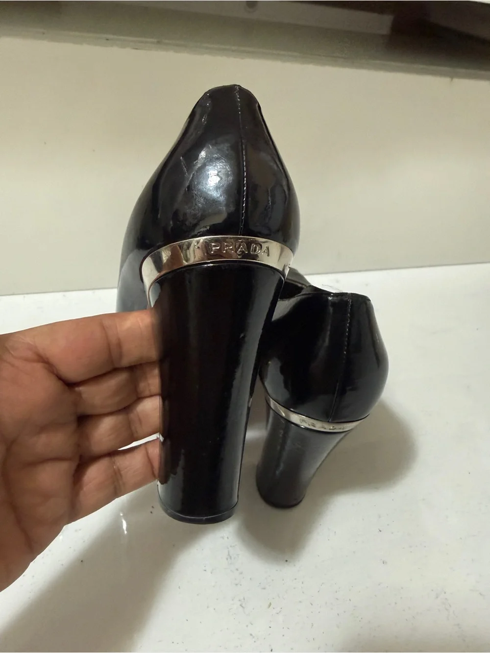 Prada Black Patent Peep-Toe Heels. Chic and very comfy, perfect for wider feet